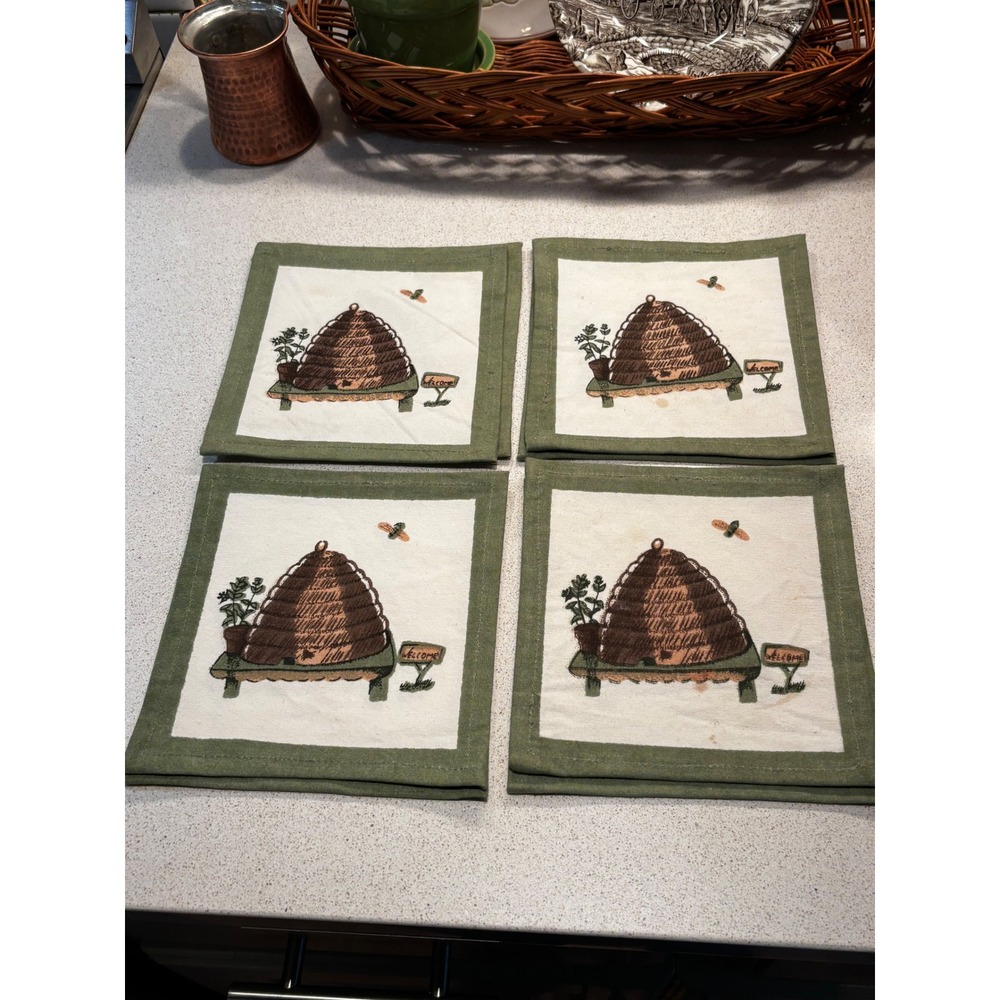Vintage Pfalzgraff  Beehive Cloth Coasters Set of 8 Sage Green Cream Bee 6x6